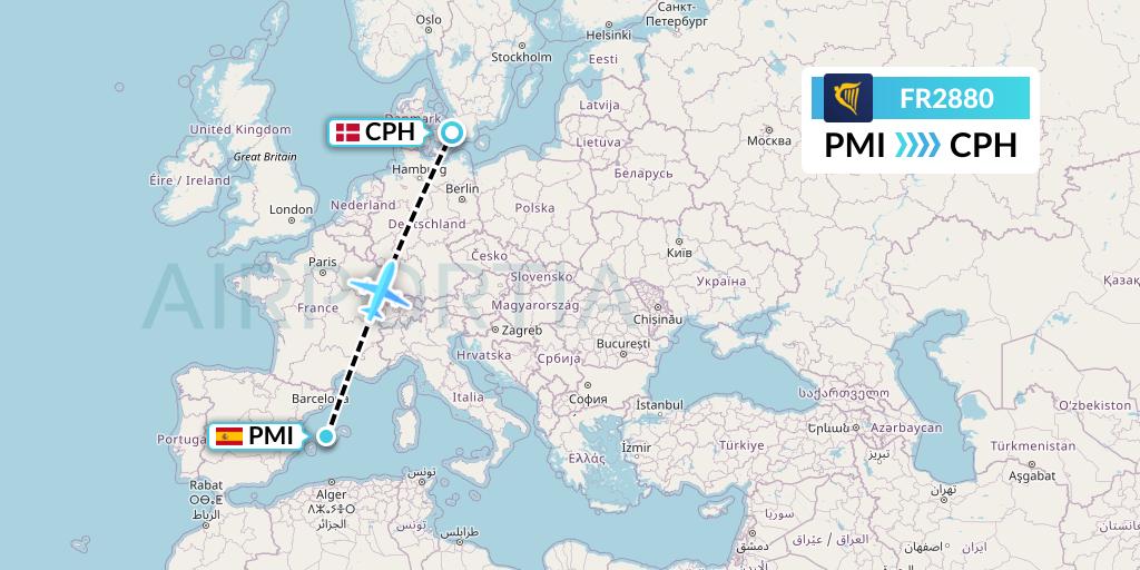 FR2880 Ryanair Flight Map: Palma de Mallorca to Copenhagen