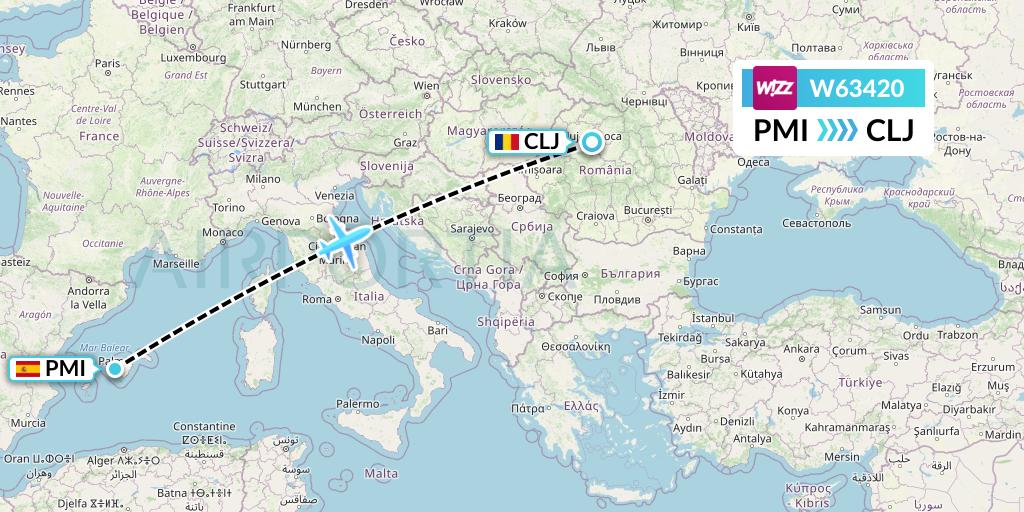 W63420 Wizz Air Flight Map: Palma de Mallorca to Cluj-Napoca