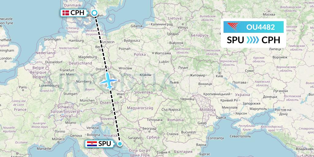 OU4482 Croatia Airlines Flight Map: Split to Copenhagen