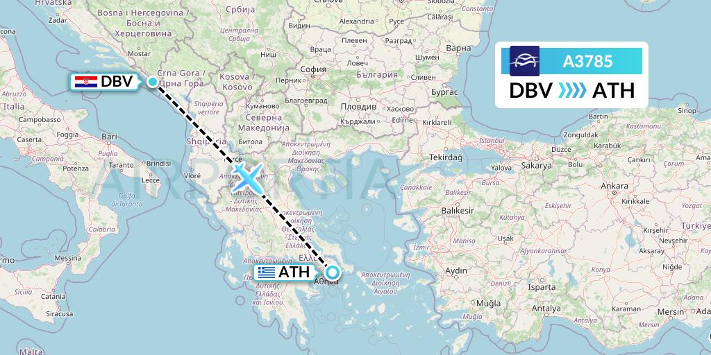 A3785 Aegean Airlines Flight Map: Dubrovnik to Athens