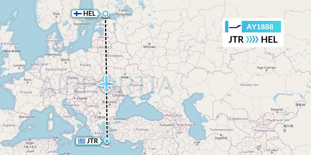 AY1888 Finnair Flight Map: Santorini to Helsinki