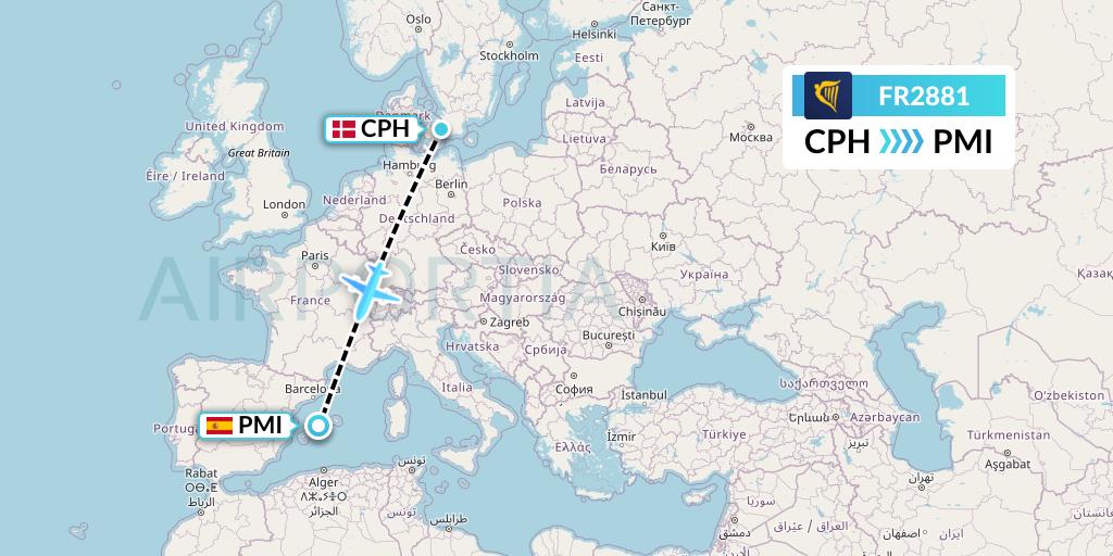 FR2881 Ryanair Flight Map: Copenhagen to Palma de Mallorca