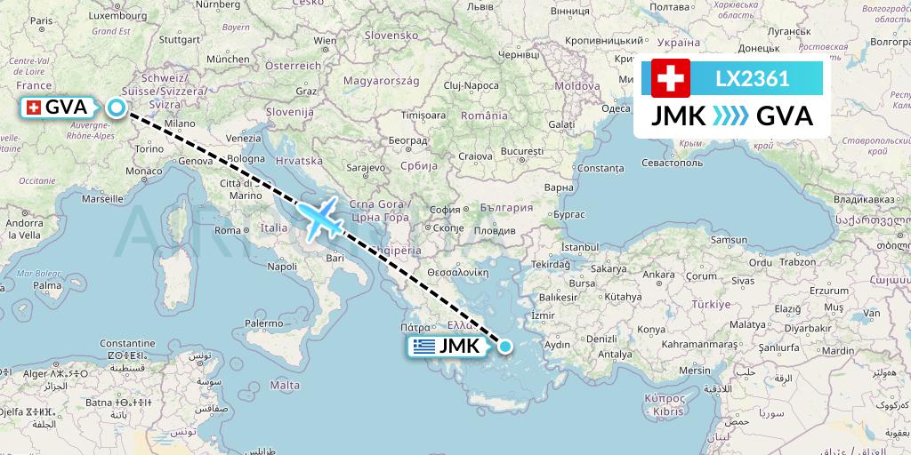 LX2361 Swiss Flight Map: Mykonos to Geneva