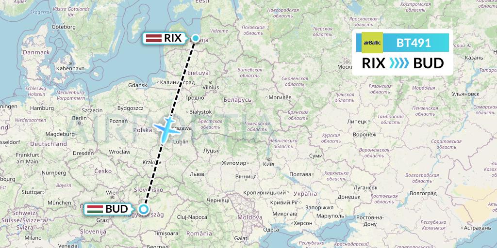 BT491 Air Baltic Flight Map: Riga to Budapest