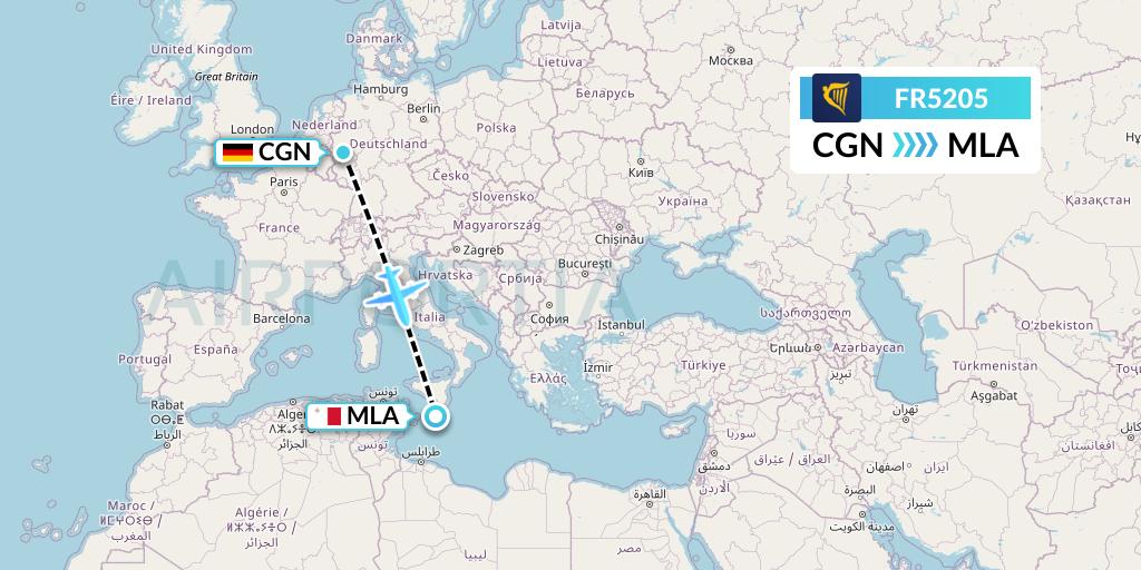 FR5205 Ryanair Flight Map: Cologne to Malta