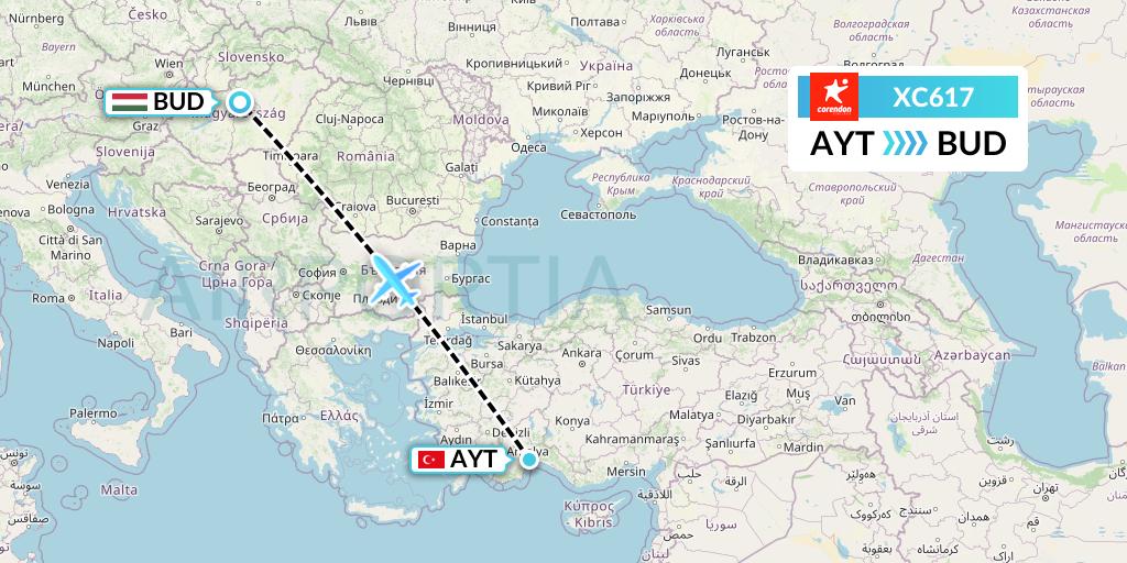 XC617 Corendon Airlines Flight Map: Antalya to Budapest