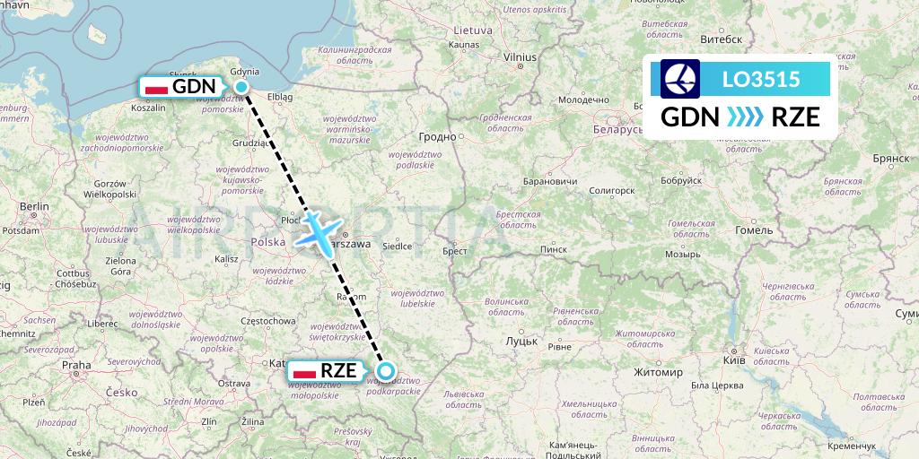 LO3515 LOT Flight Map: Gdansk to Rzeszow