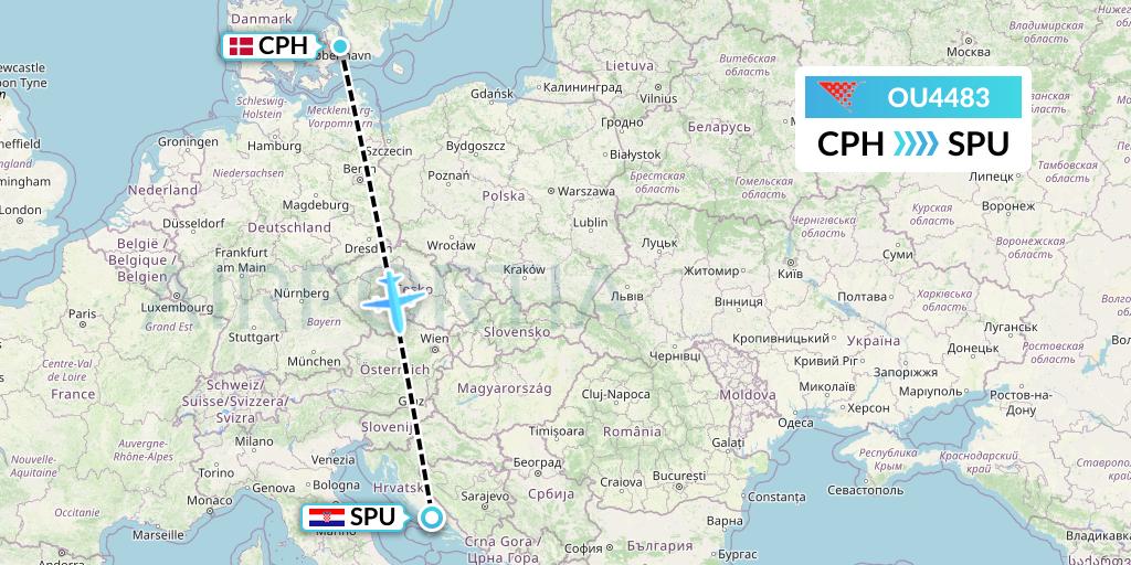 OU4483 Croatia Airlines Flight Map: Copenhagen to Split