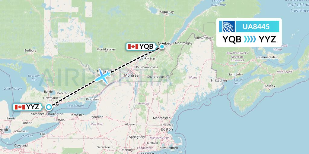 UA8445 United Airlines Flight Map: Quebec to Toronto