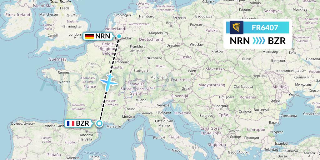 FR6407 Ryanair Flight Map: Weeze to Beziers