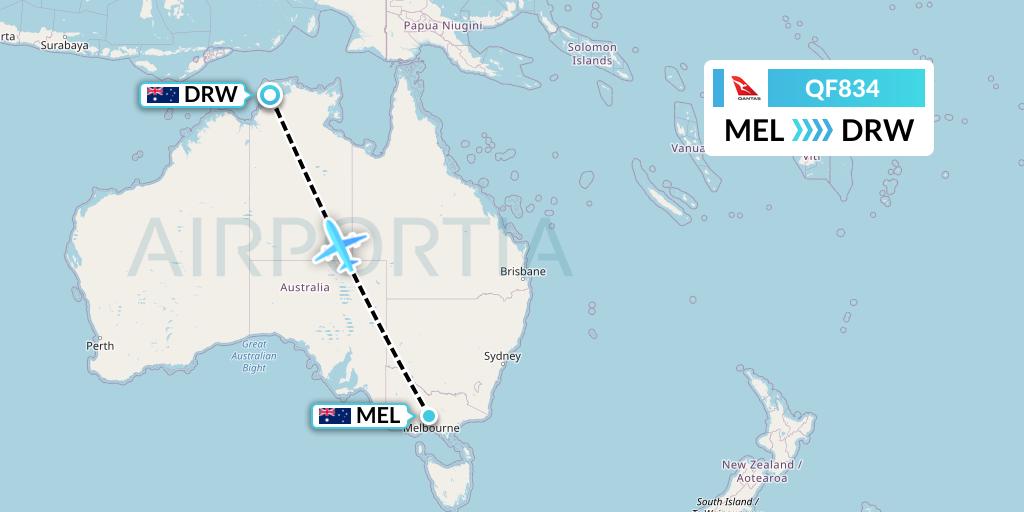 QF834 Qantas Flight Map: Melbourne to Darwin