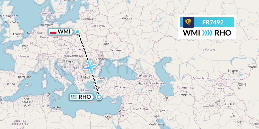 FR7492 Ryanair Flight Map: Warsaw to Rhodes