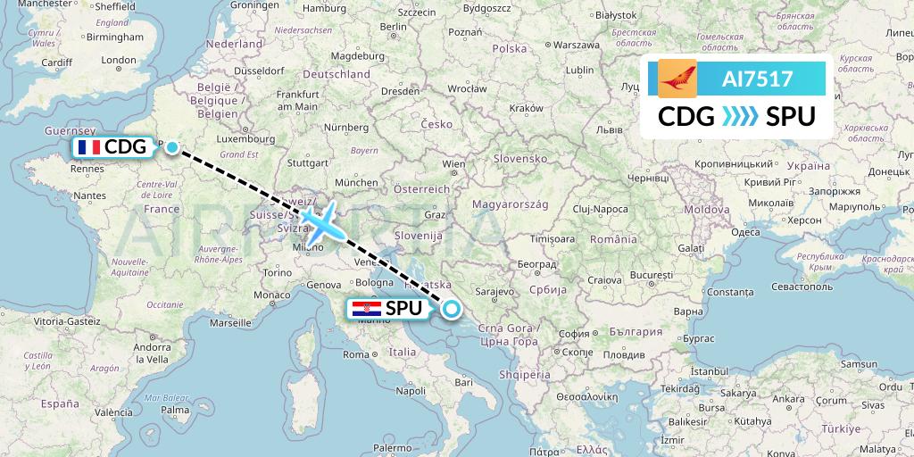 AI7517 Air India Flight Map: Paris to Split