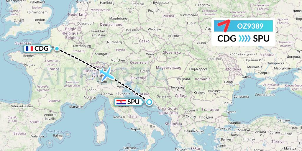 OZ9389 Asiana Airlines Flight Map: Paris to Split