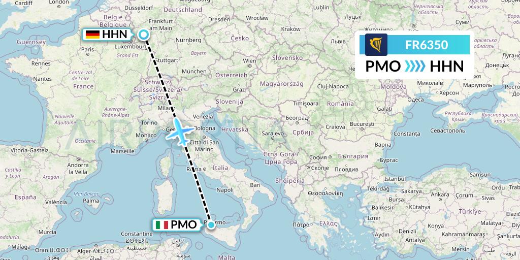 FR6350 Ryanair Flight Map: Palermo to Hahn