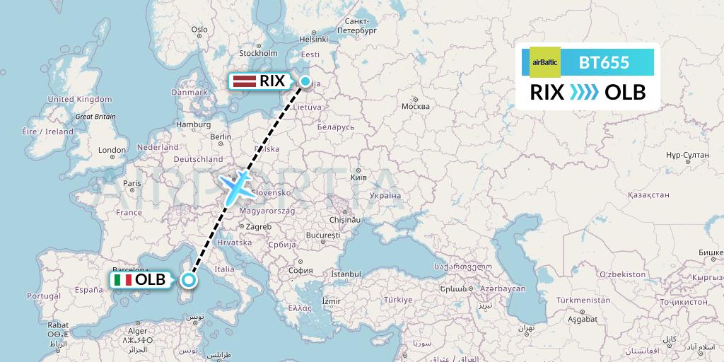 BT655 Air Baltic Flight Map: Riga to Olbia