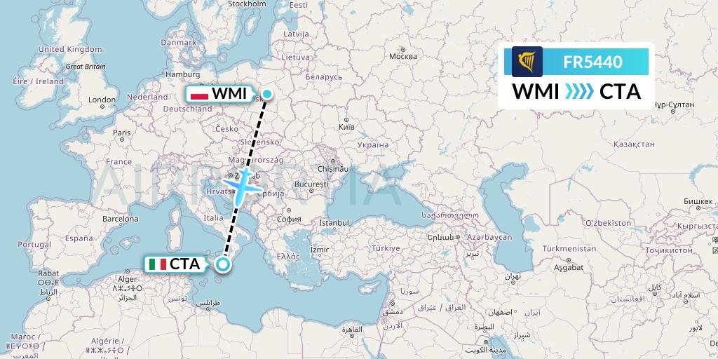 FR5440 Ryanair Flight Map: Warsaw to Catania