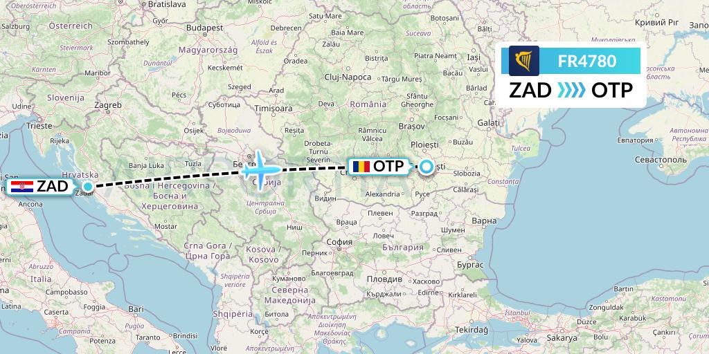 FR4780 Ryanair Flight Map: Zadar to Bucharest