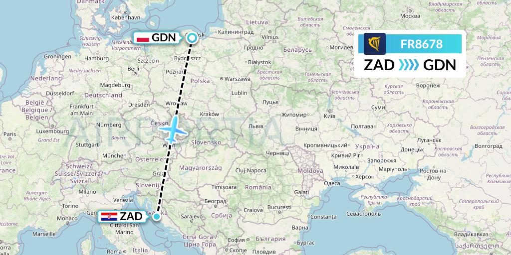 FR8678 Ryanair Flight Map: Zadar to Gdansk