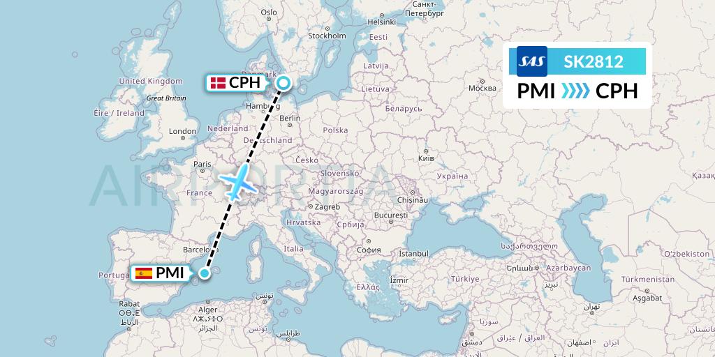 SK2812 SAS Flight Map: Palma de Mallorca to Copenhagen
