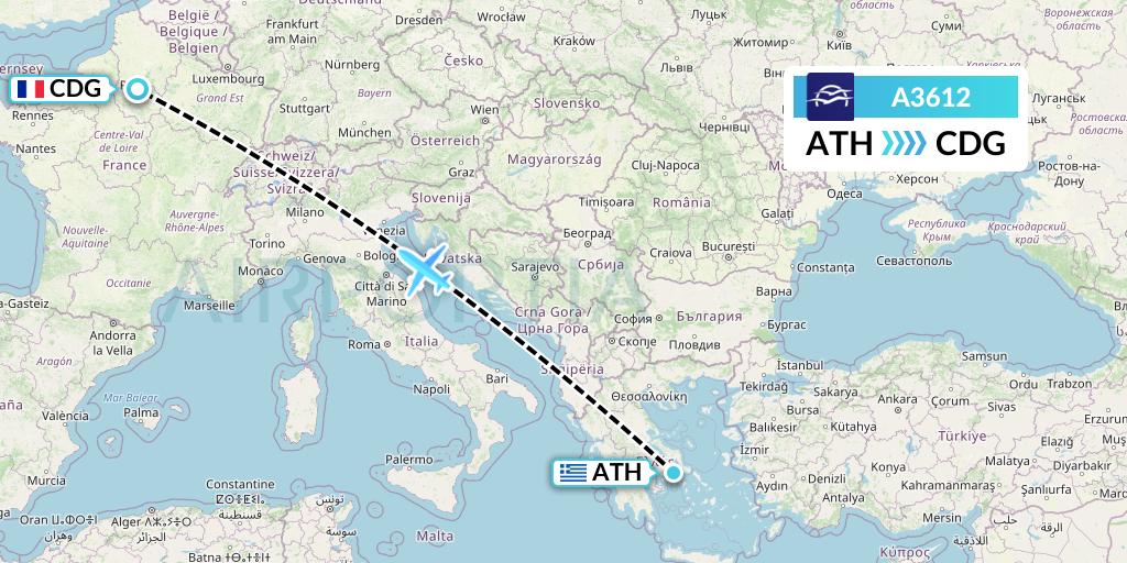 A3612 Aegean Airlines Flight Map: Athens to Paris