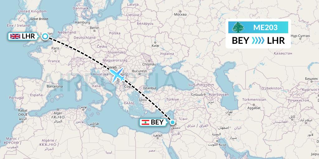 ME203 MEA Flight Map: Beirut to London