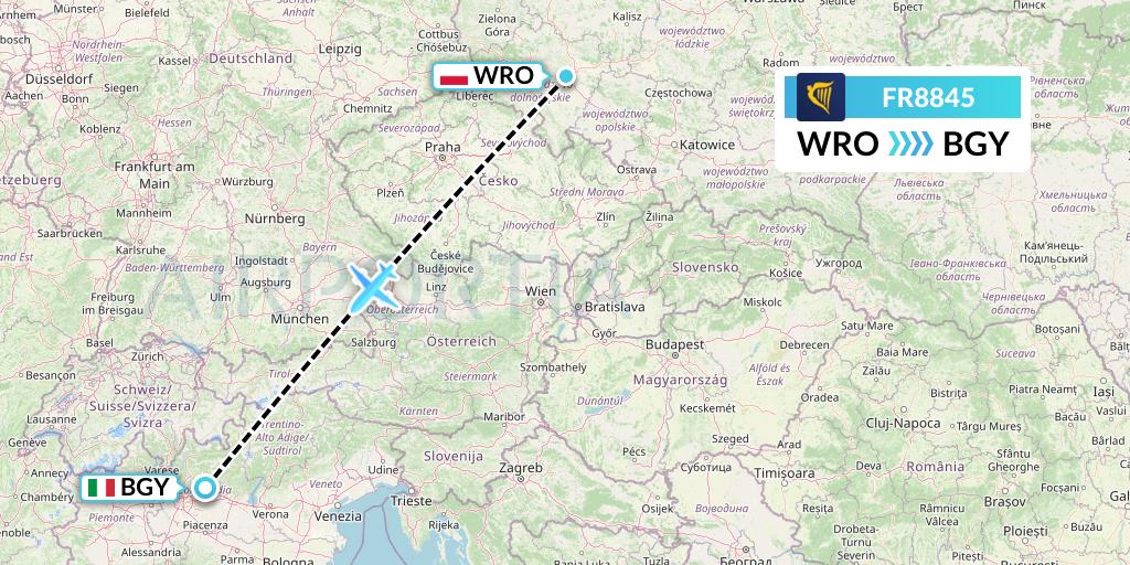 FR8845 Ryanair Flight Map: Wroclaw to Milan