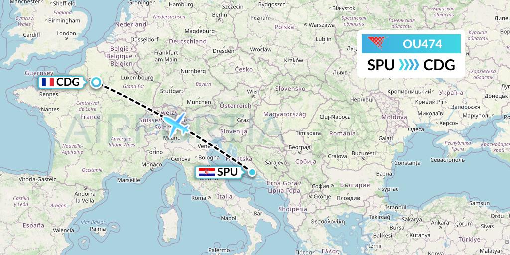 OU474 Croatia Airlines Flight Map: Split to Paris