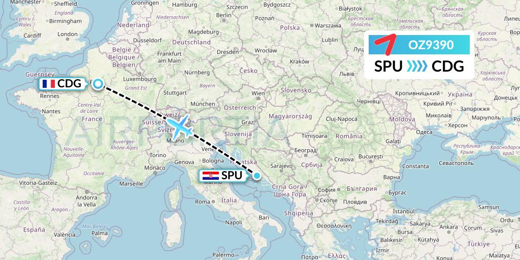 OZ9390 Asiana Airlines Flight Map: Split to Paris