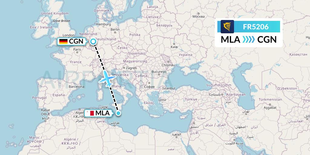 FR5206 Ryanair Flight Map: Malta to Cologne