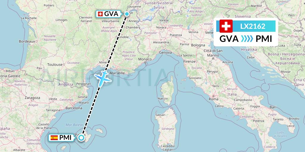 LX2162 Swiss Flight Map: Geneva to Palma de Mallorca