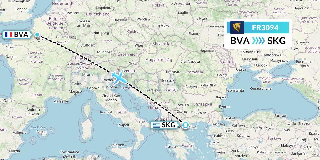 FR3094 Ryanair Flight Map: Paris to Thessaloniki