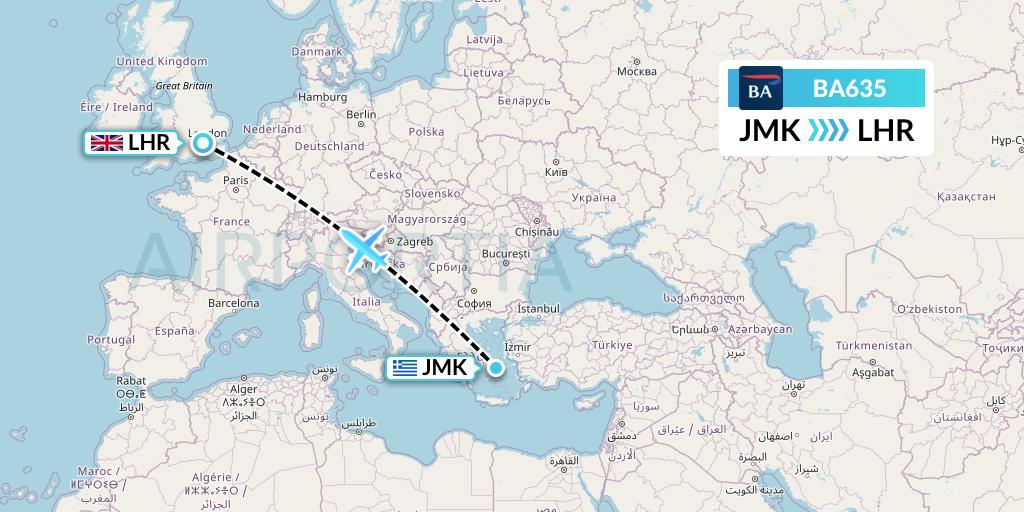BA635 British Airways Flight Map: Mykonos to London