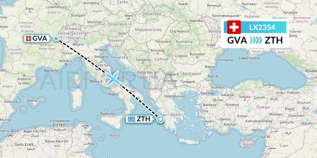 LX2354 Swiss Flight Map: Geneva to Zakynthos