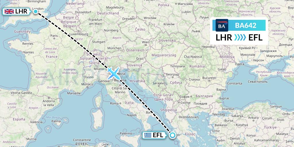 BA642 British Airways Flight Map: London to Kefalonia