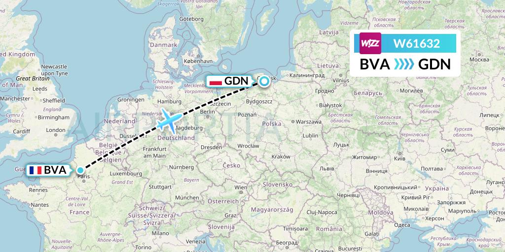W61632 Wizz Air Flight Map: Paris to Gdansk