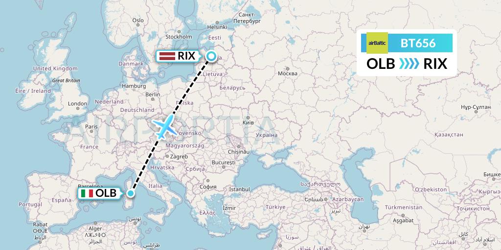 BT656 Air Baltic Flight Map: Olbia to Riga