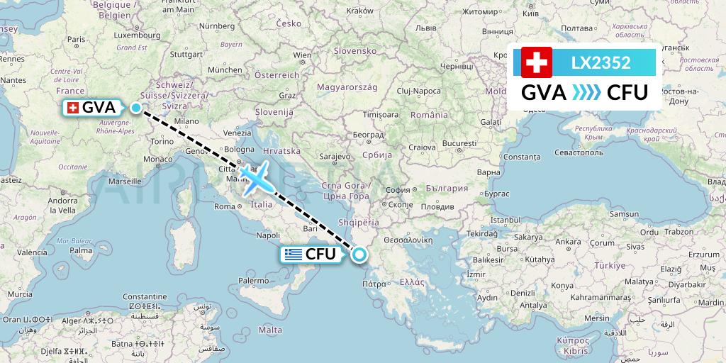 LX2352 Swiss Flight Map: Geneva to Corfu