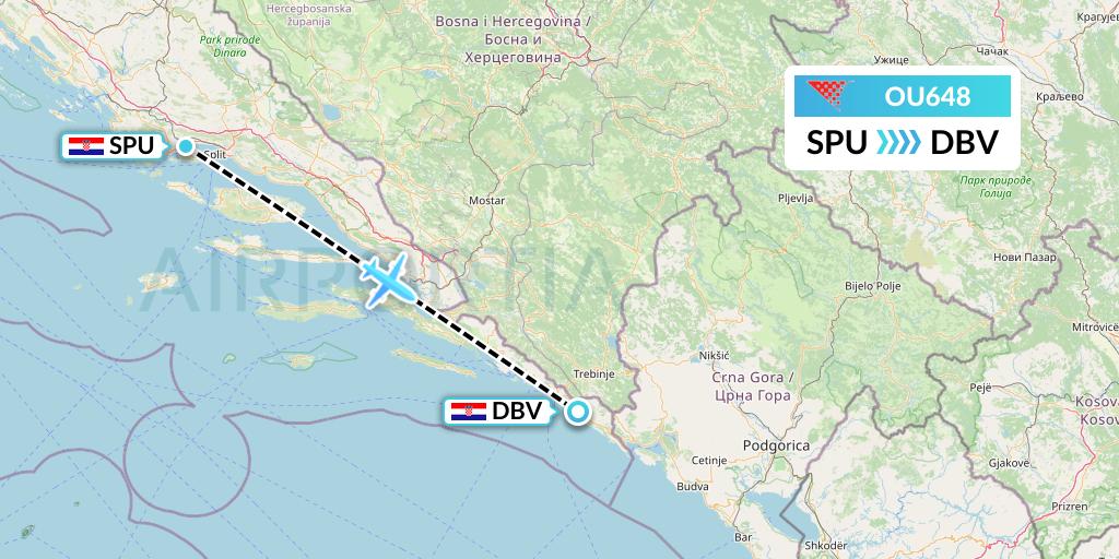 OU648 Croatia Airlines Flight Map: Split to Dubrovnik