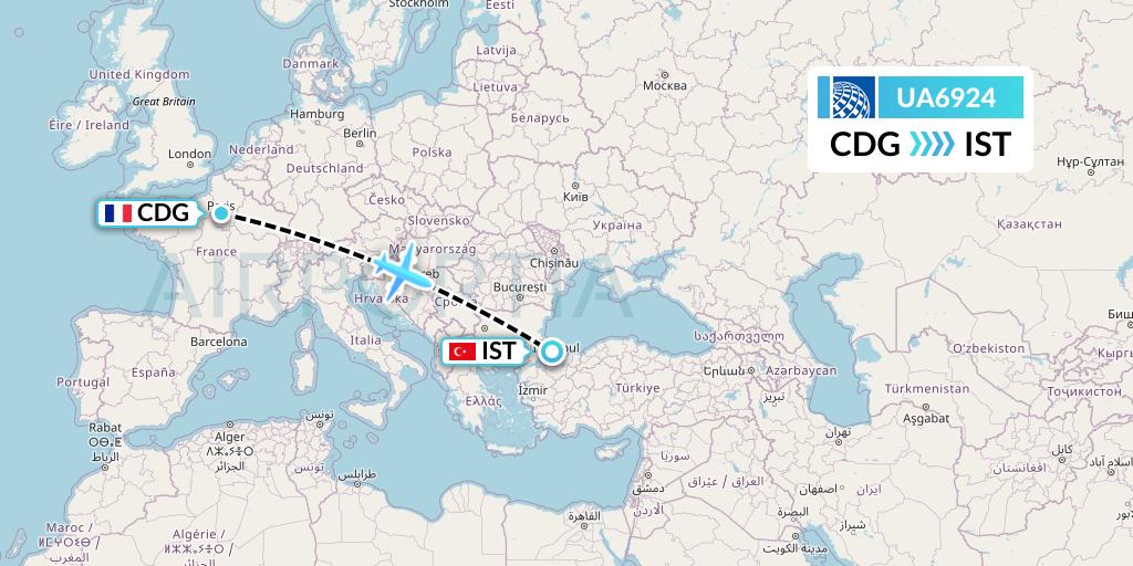 UA6924 United Airlines Flight Map: Paris to Istanbul