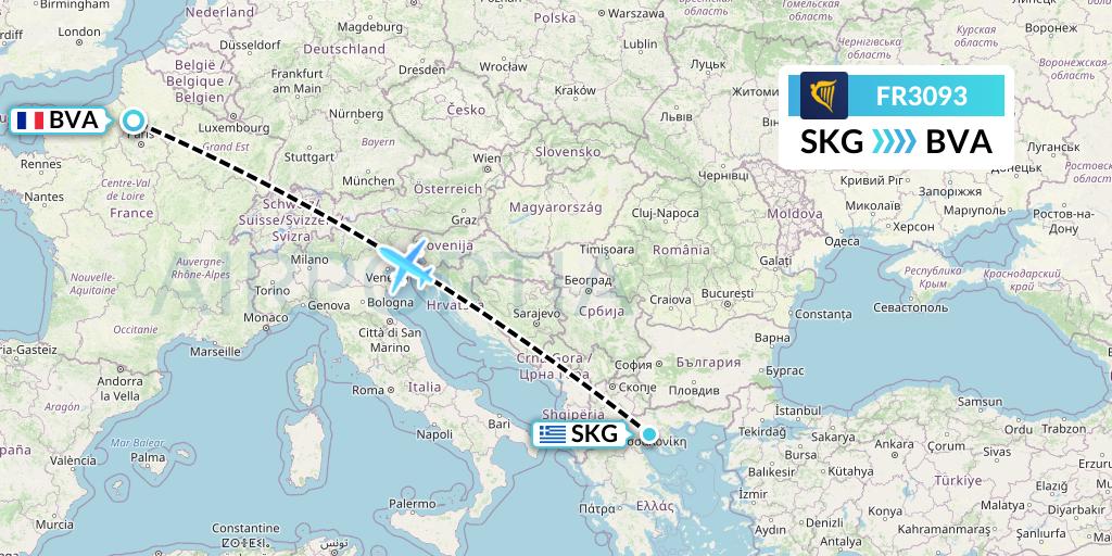 FR3093 Ryanair Flight Map: Thessaloniki to Paris