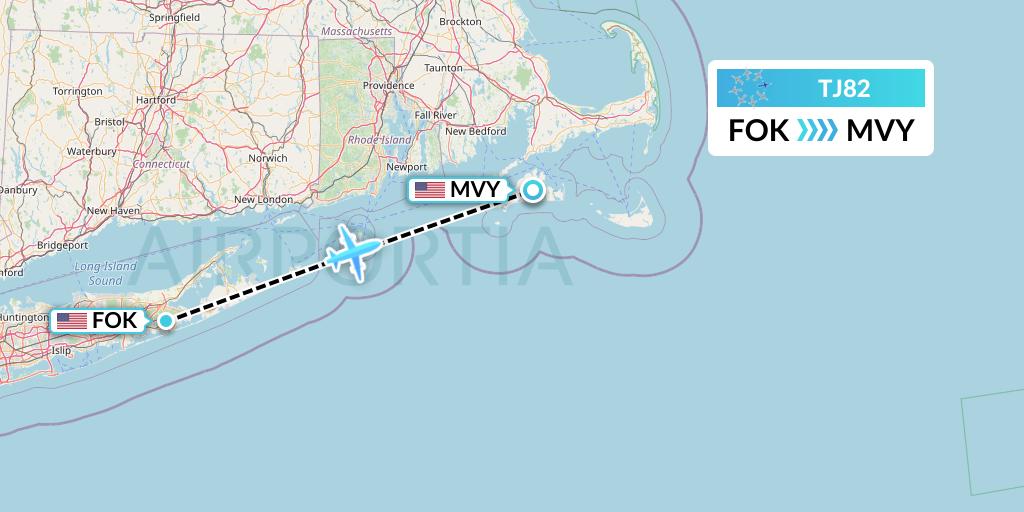 TJ82 Tradewind Aviation Flight Map: Westhampton Beach to Martha's Vineyard