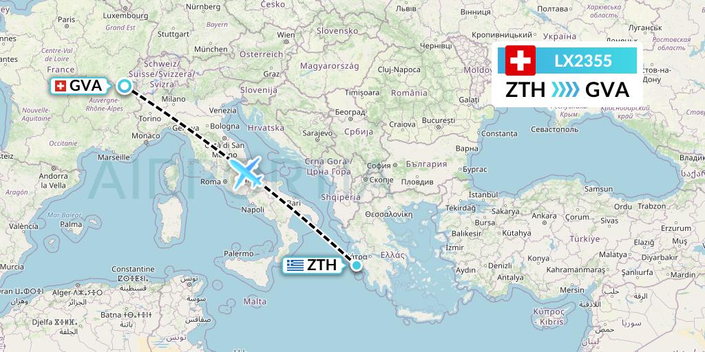 LX2355 Swiss Flight Map: Zakynthos to Geneva