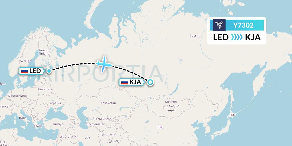Y7302 NordStar Flight Map: St. Petersburg to Krasnoyarsk
