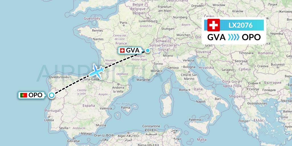 LX2076 Swiss Flight Map: Geneva to Porto