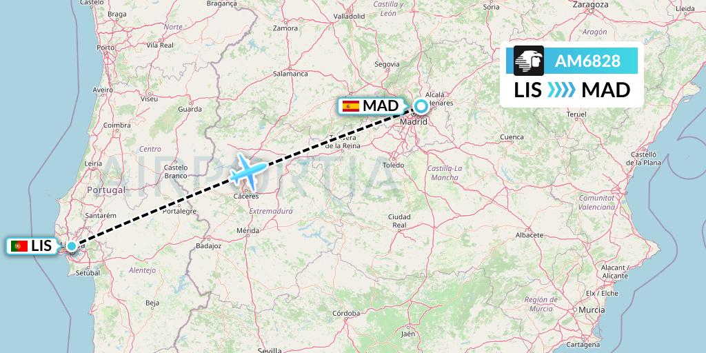 AM6828 Aeromexico Flight Map: Lisbon to Madrid