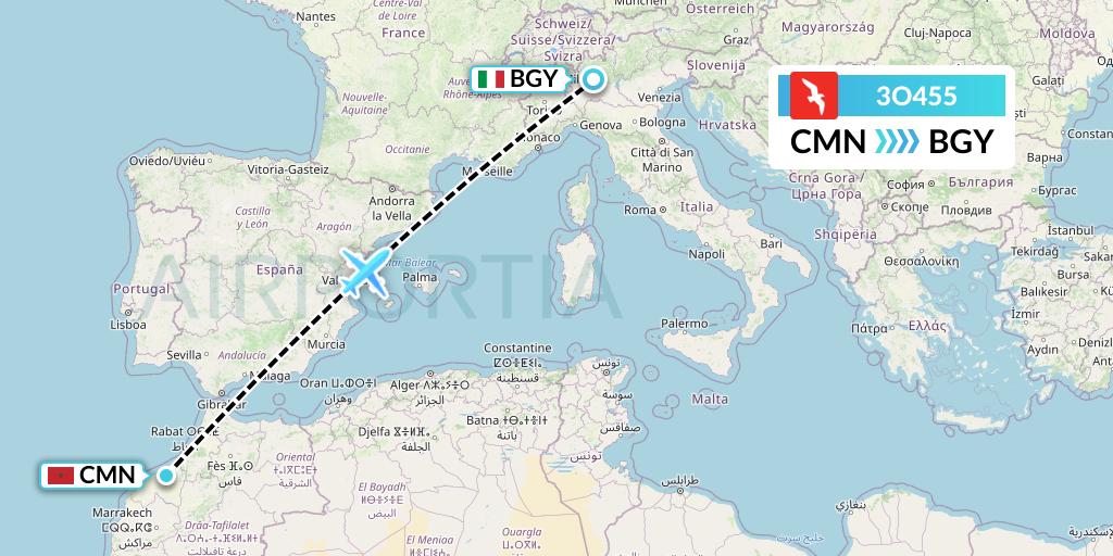 3O455 Air Arabia Maroc Flight Map: Casablanca to Milan