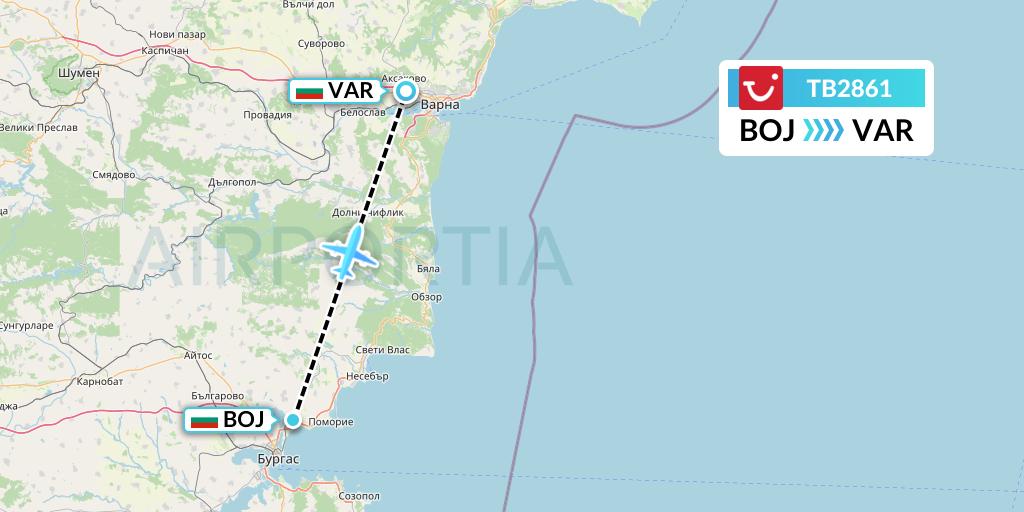 TB2861 TUI fly Belgium Flight Map: Burgas to Varna