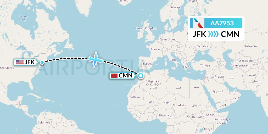 AA7953 American Airlines Flight Map: New York to Casablanca