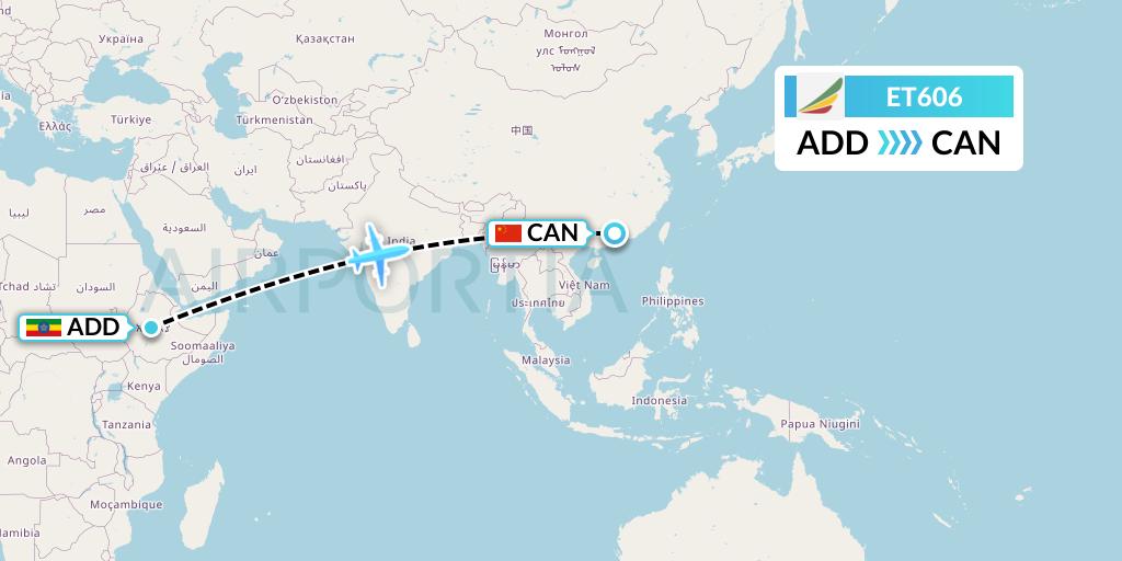 ET606 Ethiopian Airlines Flight Map: Addis Ababa to Guangzhou